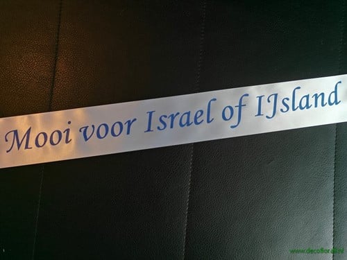 [A-025990] Bedrukt lint Ivory met Blauwe opdruk 45 mm 50 cm