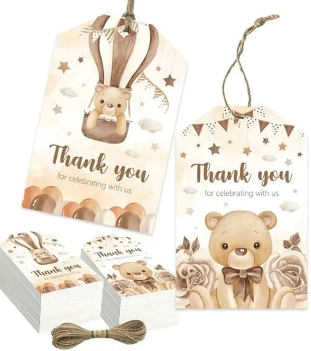 [A-027402] Bloemenkaartjes Thank you for celebrating Beertje in ballon set van 50 cadeaulabels met touwtje