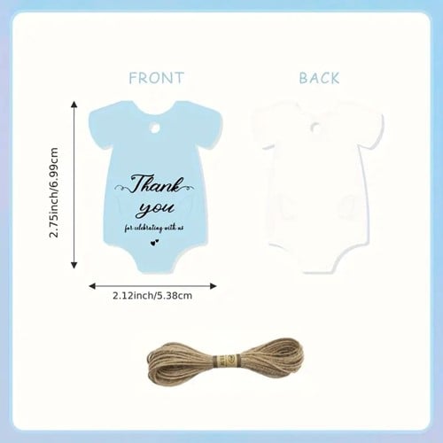 [A-027408] Bloemenkaartjes Thank you for celebrating Blauw Baby Rompertje set 50st cadeaulabels met touwtje