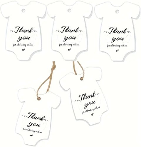[A-027409] Bloemenkaartjes Thank you for celebrating Wit Baby Rompertje set 50st cadeaulabels met touwtje
