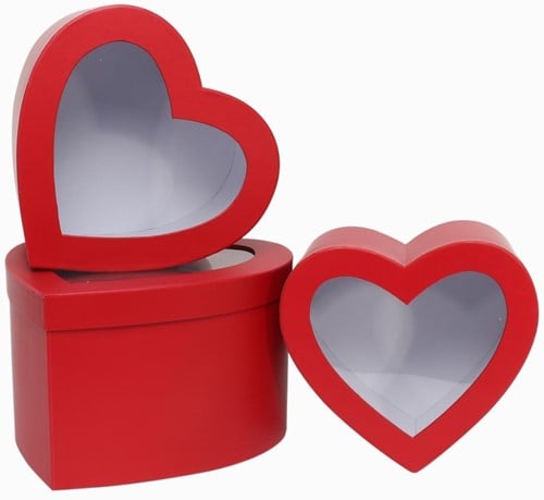 [A-022397] Bloemendoos Hartvorm Rood met venster set van 3