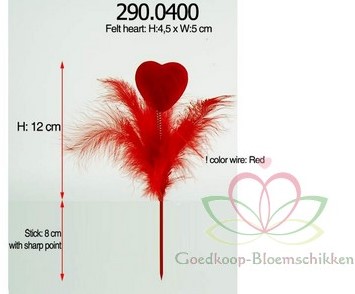 [A-009873] Valentijn corsage Hartje Rood met veertjes op steker