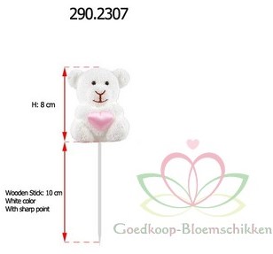 [A-009889] Bijsteker Beer Wit met Roze hart 8 cm op stok 