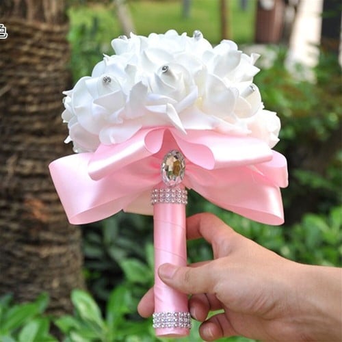 [A-013875] Bruidsmeisjesboeket Foamrozen RoomWit+ Roze met Strass Volledig afgewerkt