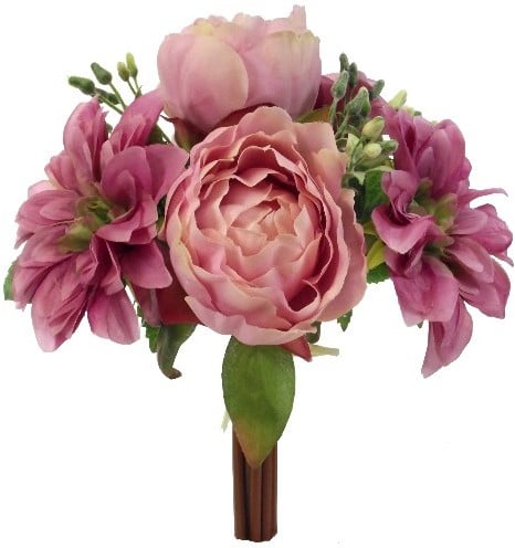 [A-017414] Handgebonden Zijden 30cm Pioen en Dahlia Mauve Low Budget Boeket Rozen