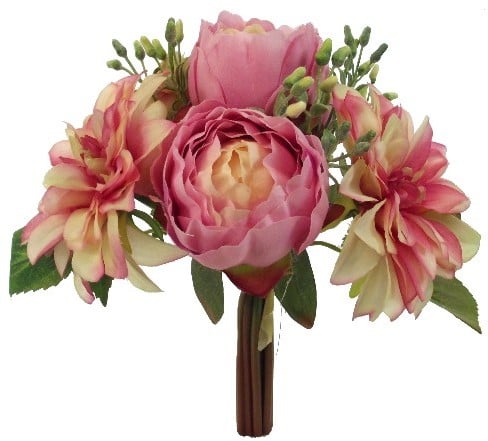 [A-017415] Handgebonden Zijden 30cm Pioen en Dahlia Vintage Pink Low Budget Boeket Rozen