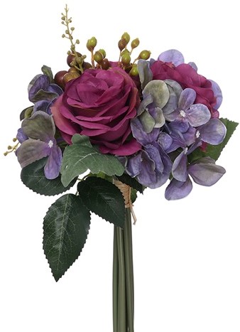 [A-024692] Budget boeket Handgebonden Zijden 28cm Roos, Hortensia, besjes en blad PURPLE/WINE 