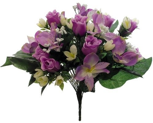 [A-015980] Rouwboeket Zijden Roos Lavendel Rosebud met Alstroemeria 38 cm