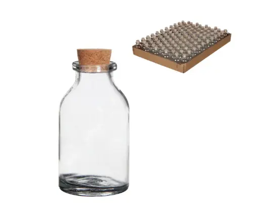 [A-006571] Miniflesjes met kurk 6x3 cm 20 ml tray ca. 105 stuks