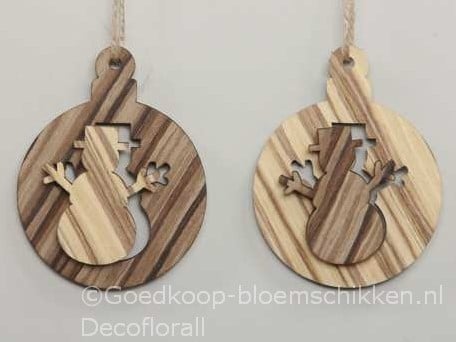 [A-016553] Hangers houten ballen Sneeuwman 2D Naturel 8 cm set van 2 stuks
