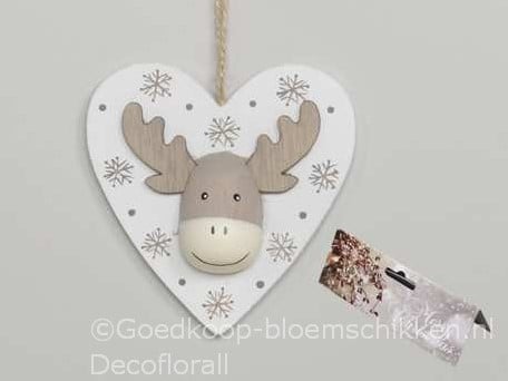 [A-016554] Hangers houten hart met Rendier Wit Grijs set van 2 stuks
