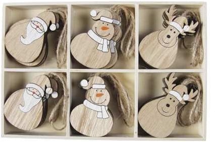 [A-023235] Houten hangers figuurtjes met touw Kerst Winter 5.5 cm doos 24 stuks