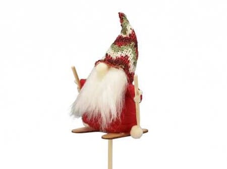 [A-023240] Santa op houten skiën Rood 9 cm op steker pak 12 stuks