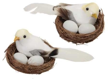 [A-025336] Vogelnestjes met 1 vogel en 2 eitjes Wit Pastelgeel 7.5 cm doos 6 stuks