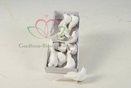 [A-009041] Duifjes Witte duiven 10x3 cm en 5x4 cm doos 12 stuks