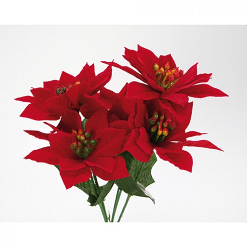 [A-014888] Kerstster Kerstroos Poinsettia Rood Velvet Zijdenbloem 5 koppen