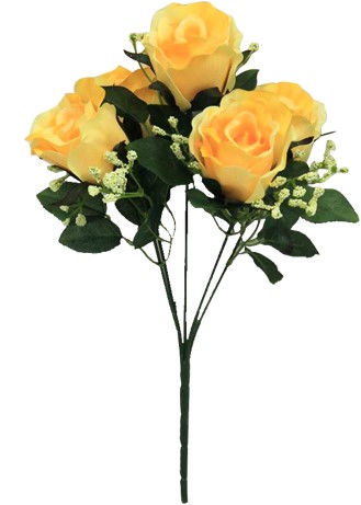 [A-015554] Zijden Roos Sweety Rozenboeketje Yellow met Gips 5 knoppen 31 cm