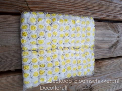 [A-016331] Mini Foam Roos met Tule Wit Geel Hart 2 cm Bulk Pak 144 stuks
