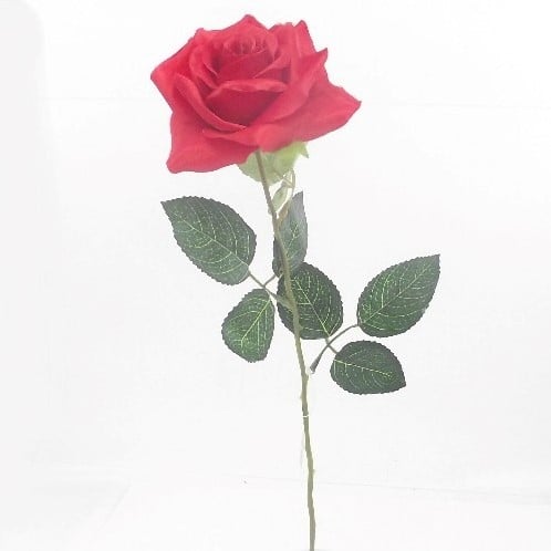 [A-023763] Zijden Roos Valentij+E17874:E17925nroos Single Open Rose Rood met Blad 55 cm per stuk