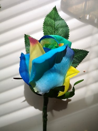 [A-024683] Zijden Roos Regenboog Blue Yellow Groen 54 cm per stuk