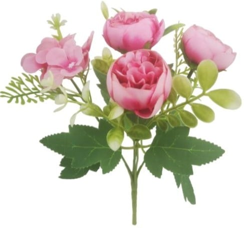 [A-024700] Boeketje Ranonkel Hortensia Hydrangea en Besjes Beauty Pink Zijdenbloem 27 cm