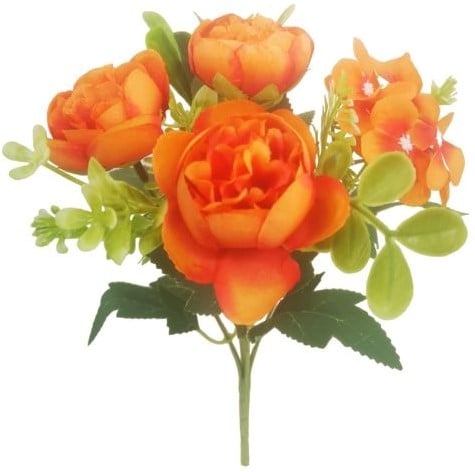 [A-024702] Boeketje Ranonkel Hortensia Hydrangea en Besjes Oranje Zijdenbloem 27 cm