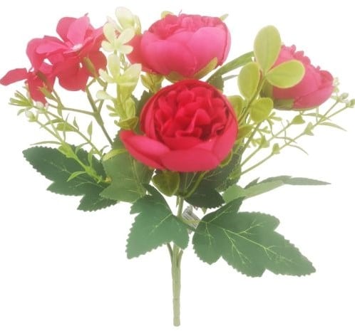 [A-024704] Boeketje Ranonkel Hortensia Hydrangea en Besjes Meirood Zijdenbloem 27 cm