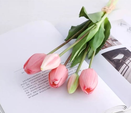 [A-025636] Tulpen Real Touch Luxe Siliconen Latex Pink Roze 33 cm Bundel ca. 5 stuks