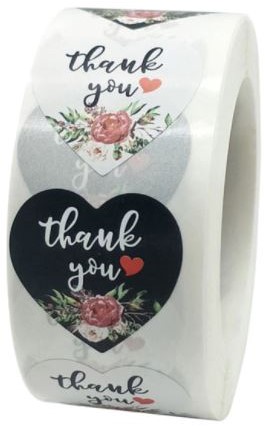[A-019100] Sluitstickers Thank you zwart wit hartvorm etiket 2,5 cm rol 500 labels