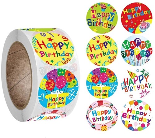 [A-019390] Sluitstickers Happy birthday rond etiket 2,5 cm rol 500 labels
