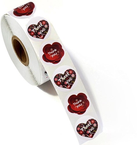 [A-022032] Sluitstickers Harten rode bloemen rond etiket 2,5 cm rol 500 labels