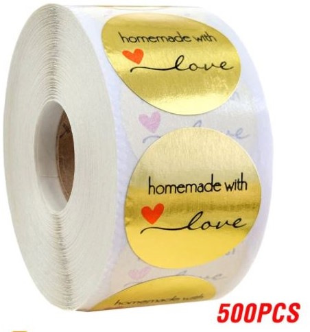 [A-022250] Sluitstickers Goud homemade with love rood hartje rond etiket 2,5 cm rol 500 labels