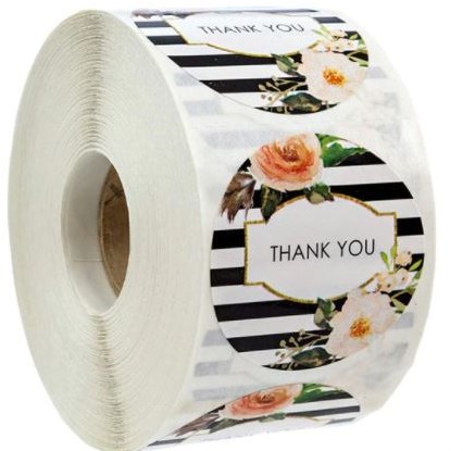 [A-022252] Sluitstickers Thank you zwart wit streep etiket 2,5 cm rol 500 labels