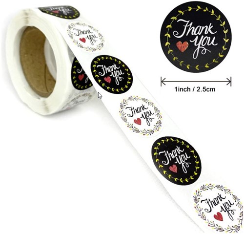 [A-022367] Sluitstickers Thank you Black Rood etiket rol 500 labels
