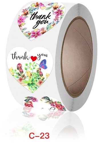 [A-022698] Sluitstickers Thank you Flowers Hartvorm etiket rol 500 labels