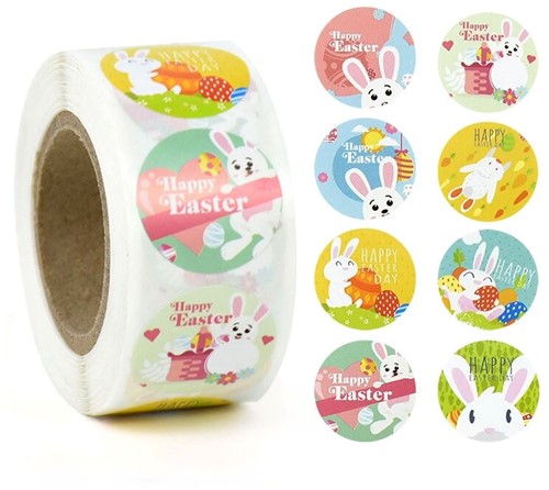 [A-022911] Sluitstickers Happy easter bunny pasen voorjaar rond etiket 2,5 cm rol 500 labels
