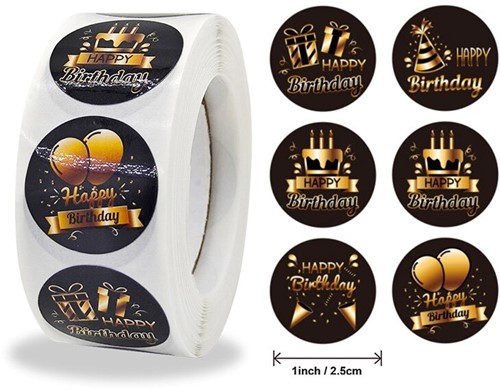 [A-022951] Sluitstickers Happy birthday zwart goud rond etiket 2,5 cm rol 500 labels