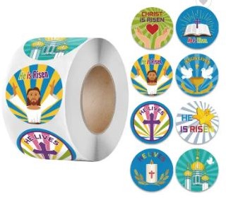 [A-023970] Sluitstickers Pasen He is risen hij is opgestaan rond etiket 2,5 cm rol 500 labels