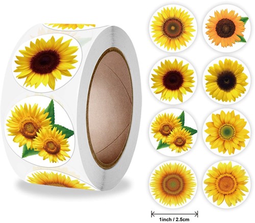 [A-024268] Sluitstickers Zonnebloemen kraft rond etiket 2,5 cm rol 500 labels
