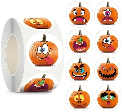 [A-024999] Sluitstickers Halloween pompoen rond etiket 2,5 cm rol 500 labels