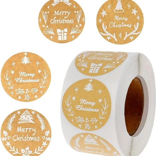 [A-025112] Sluitstickers Kerstetiketten kraft white opdruk Merry Christmas kerst rond etiket 2,5 cm rol 500 labels