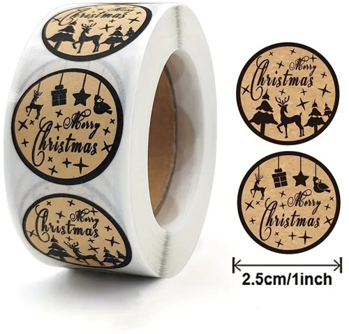 [A-025113] Sluitstickers Kerstetiketten kraft zwart opdruk Merry Christmas kerst rond etiket 2,5 cm rol 500 labels