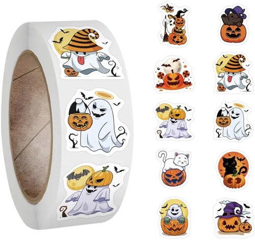 [A-027096] Sluitstickers Halloween spookie spookjes rond etiket 2,5 cm rol 500 labels