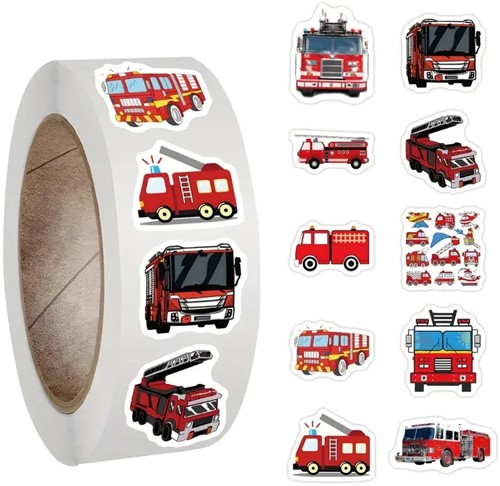 [A-027098] Sluitstickers Brandweerauto brandweerwagen beloning rond etiket 2,5 cm rol 500 labels