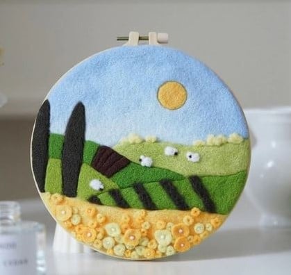 [A-023803] DIYpakket Schilderen met vilt Landschap met schaapjes ook geschikt voor starters set incl kunststof ring 