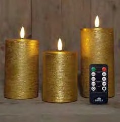 [A-025802] LEDkaarsenset 3D Flame Wax Candle Rustiek Goud Anna's Collection met afstandsbediening 7,5x10/12,5/15 cm 3 stuks