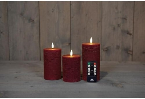 [A-027242] LEDkaars 3D Flame Wax Candle Rustiek Bordeaux Anna's Collection met afstandsbediening 7,5x10/12,5/15 cm 3 stuks