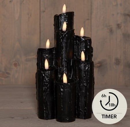 [A-027533] LEDkaarsenset Zwart Wax Dripped Druipkaarsen Anna's Collection met timer 15,5x25,5 cm 7 stuks