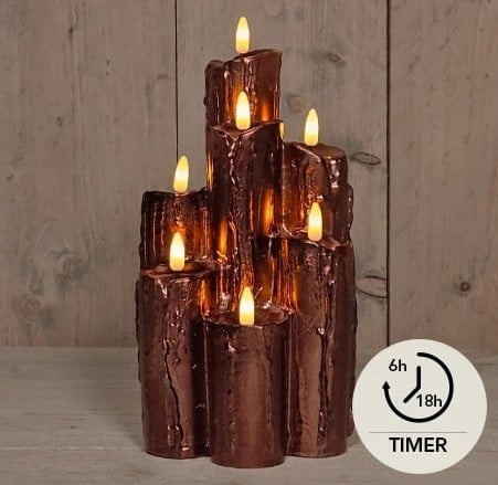 [A-027534] LEDkaarsenset Brons Wax Dripped Druipkaarsen Anna's Collection met timer 15,5x25,5 cm 7 stuks