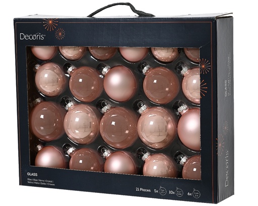 [A-027617] Kerstballen Glas Poederroze 7 cm Set van 21